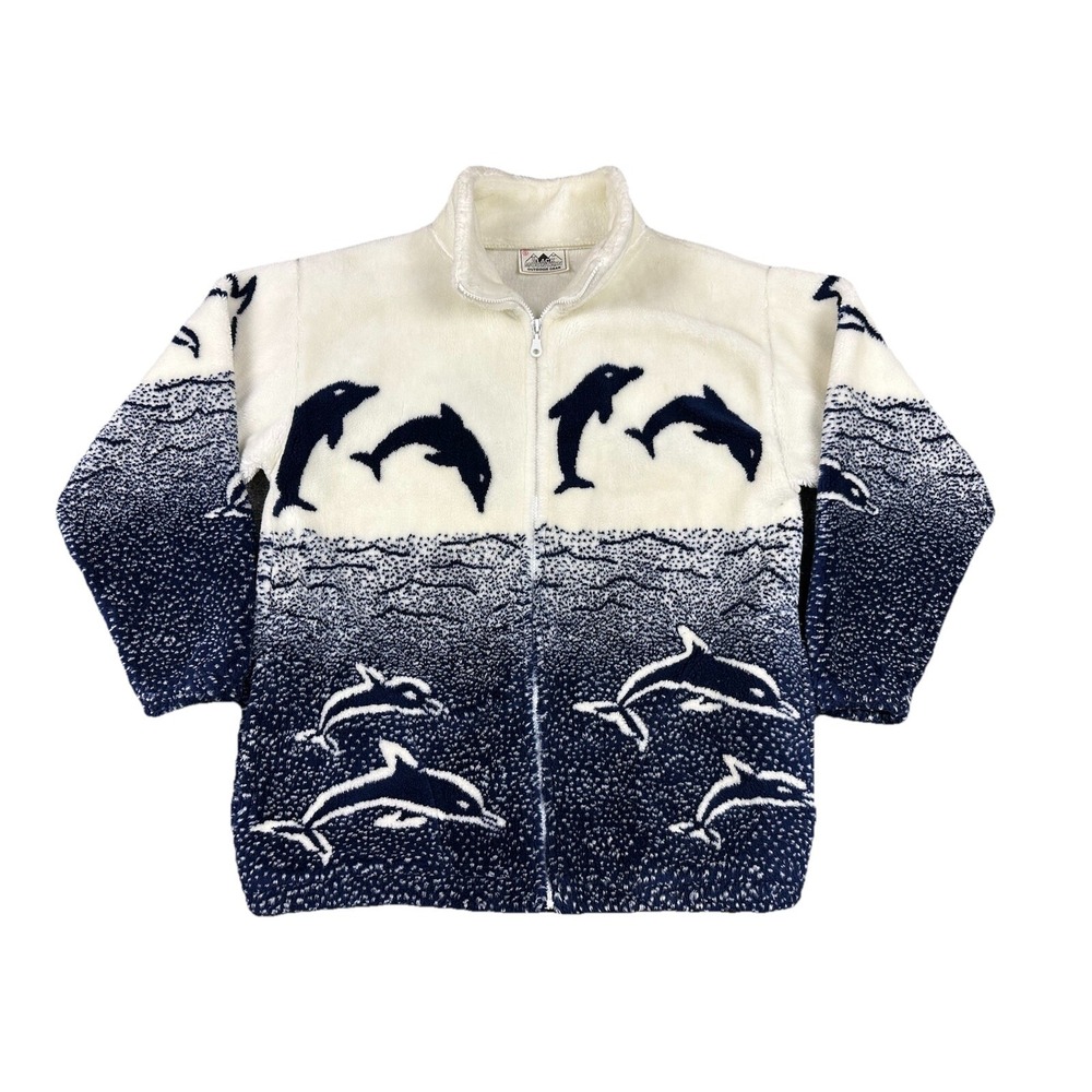 black mountain outdoor fleece jacket White Blue Graphic Dolphin's AOP Adult S